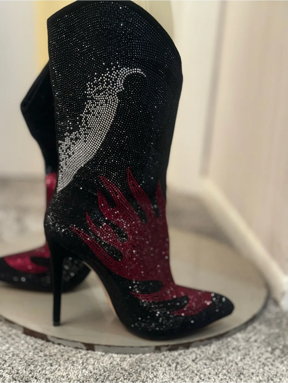 Black and Red Crystal Skull Flame Stiletto Boots . New without original box.